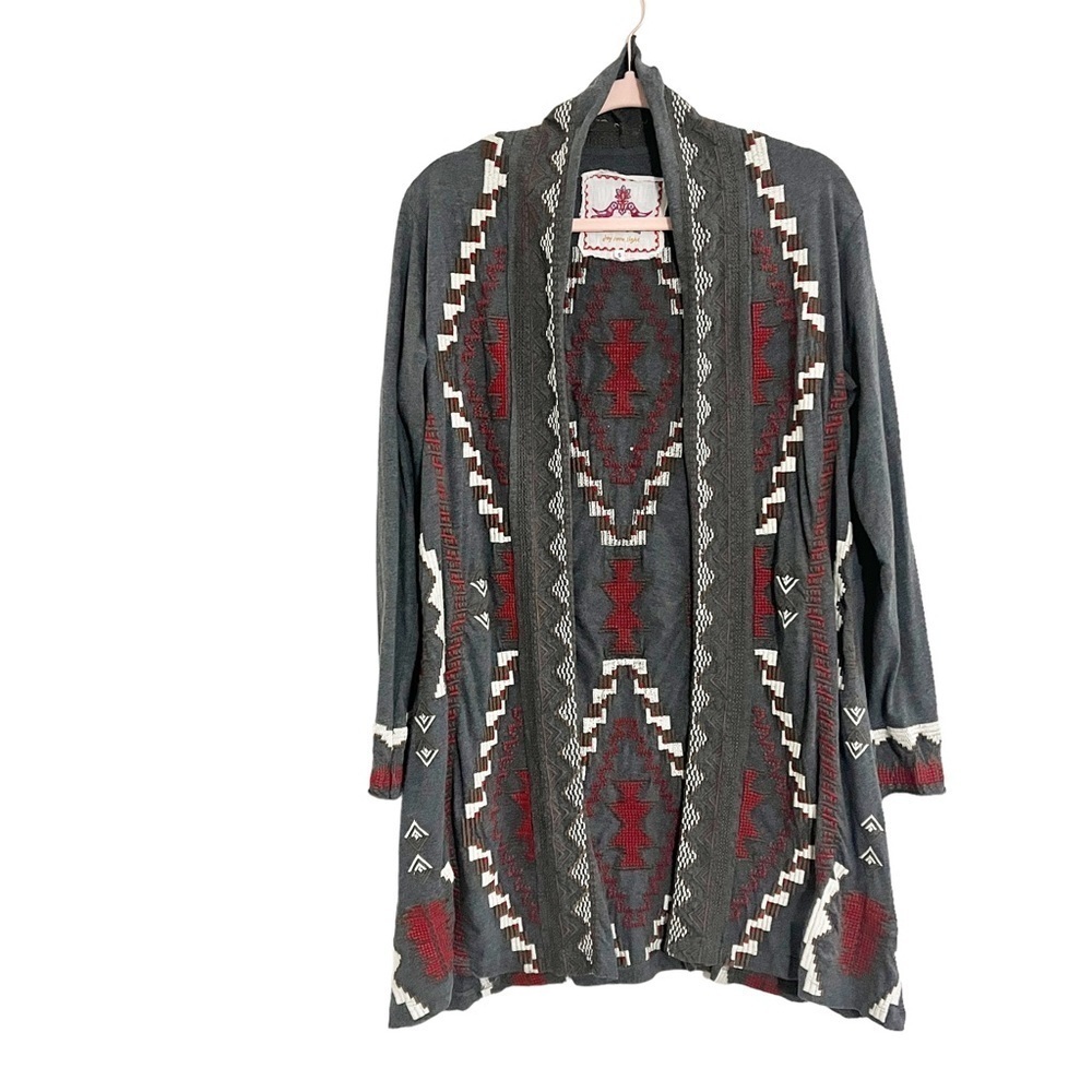 Johnny Was Embroidered Southwestern Long Open Cardigan Gray Red S Small - Picture 3 of 8